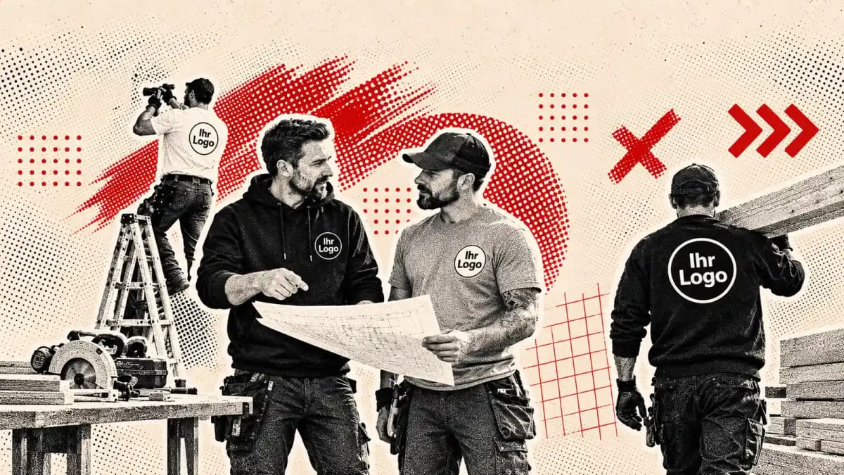 Handwerker tragen personalisierte Arbeitskleidung mit Firmenlogo auf der Baustelle – T-Shirts, Hoodies und Sweatshirts individuell bedruckt von Merchkartell aus Kitzingen