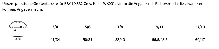 Größentabelle B&C ID.332 Crew Kids - WK001