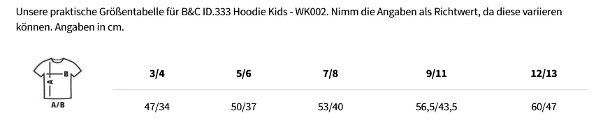 Größentabelle B&C ID.333 Hoodie Kids - WK002