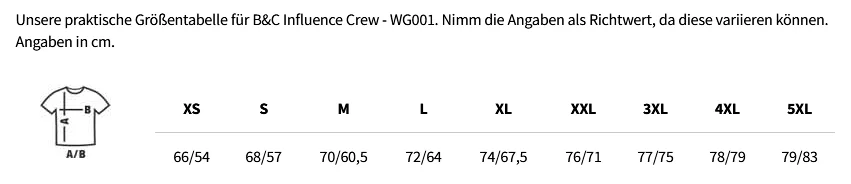 Größentabelle B&C Influence Crew - WG001