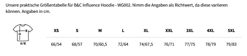 Größentabelle B&C Influence Hoodie - WG002