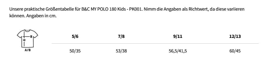 Größentabelle B&C MY POLO 180 Kids - PK001