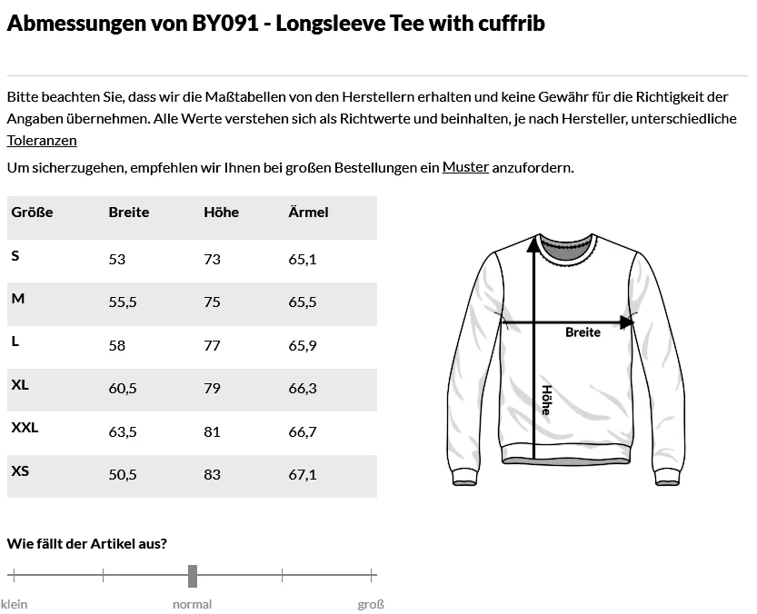 Größentabelle Longsleeve With Cuffrib