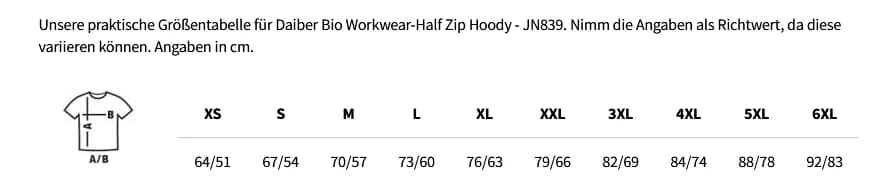 Größentabelle Bio Workwear-Half Zip Hoody