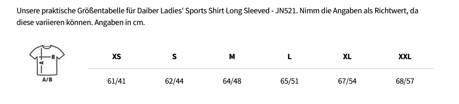 Größentabelle Daiber Ladies' Sports Shirt Long Sleeved - JN521