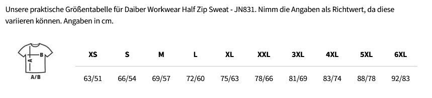 Größentabelle Workwear Half Zip Sweat