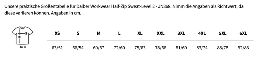 Größentabelle Workwear Half-Zip Sweat-Level 2