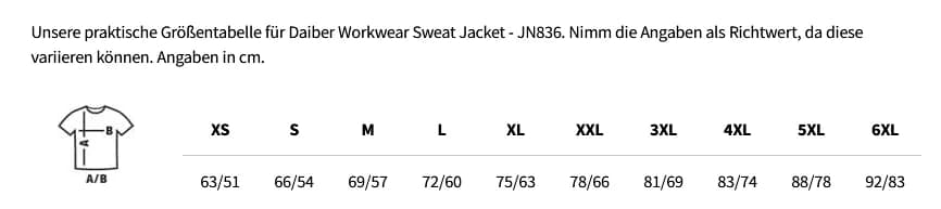 Größentabelle Workwear Sweat Jacket