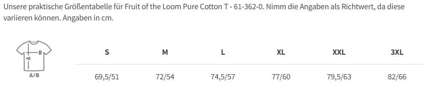 Größentabelle Fruit of the Loom Pure Cotton T Unisex 100% Bio-Baumwolle