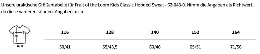 Größentabelle Fruit of the Loom Kids Classic Hooded Sweat - 62-043-0