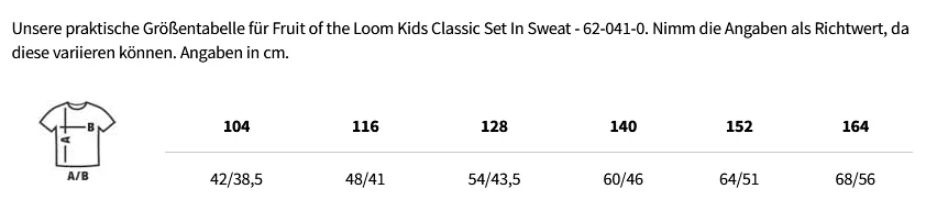 Größentabelle Fruit of the Loom Kids Classic Set In Sweat - 62-041-0