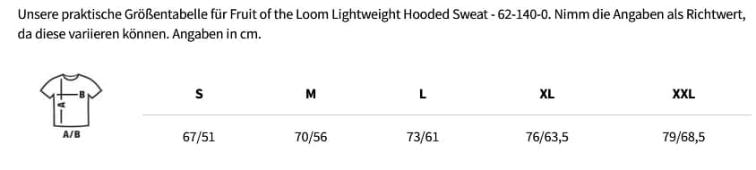 Größentabelle Fruit of the Loom Lightweight Hooded Sweat - 62-140-0