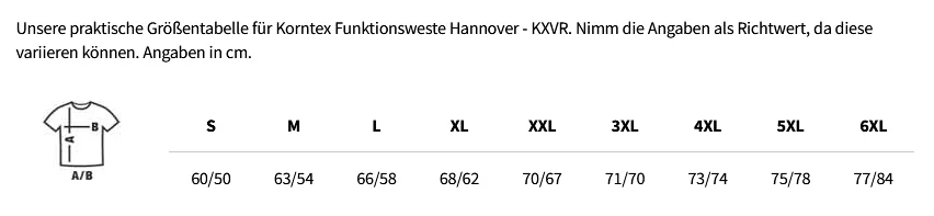 Größentabelle Korntex Funktionsweste Hannover - KXVR