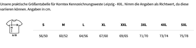 Größentabelle Korntex Kennzeichnungsweste Leipzig - KXL