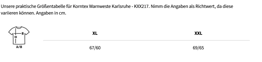 Größentabelle Korntex Warnweste Karlsruhe - KXX217