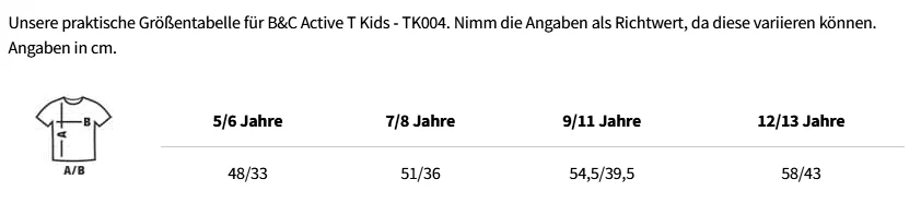 Größentabelle B&C Active T Kids - TK004