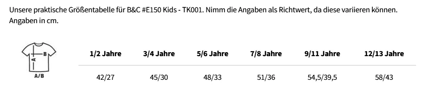 Größentabelle B&C #E150 Kids - TK001