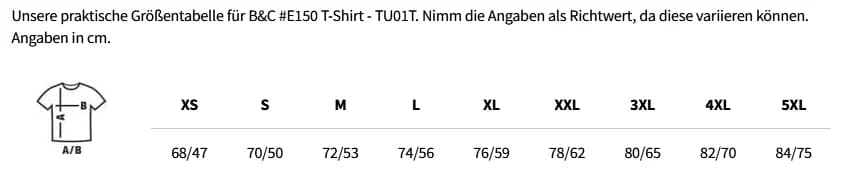 Größentabelle B&C #E150 T-Shirt - TU01T