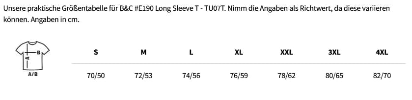 Größentabelle B&C #E190 Long Sleeve T - TU07T