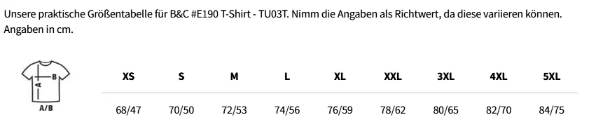 Größentabelle B&C #E190 T-Shirt - TU03T