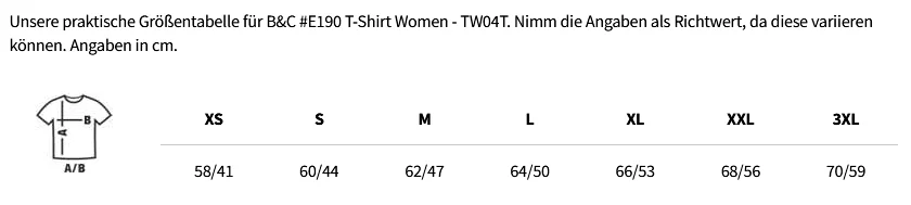 Größentabelle B&C #E190 T-Shirt Women - TW04T