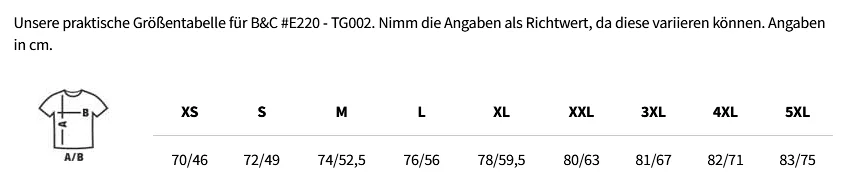 Größentabelle B&C #E220 - TG002