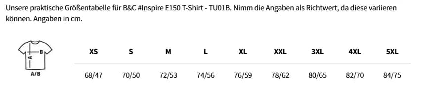 Größentabelle B&C #Inspire E150 T-Shirt - TU01B