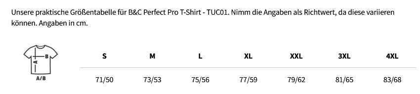 Größentabelle B&C Perfect Pro Workwear T-Shirt - TUC01