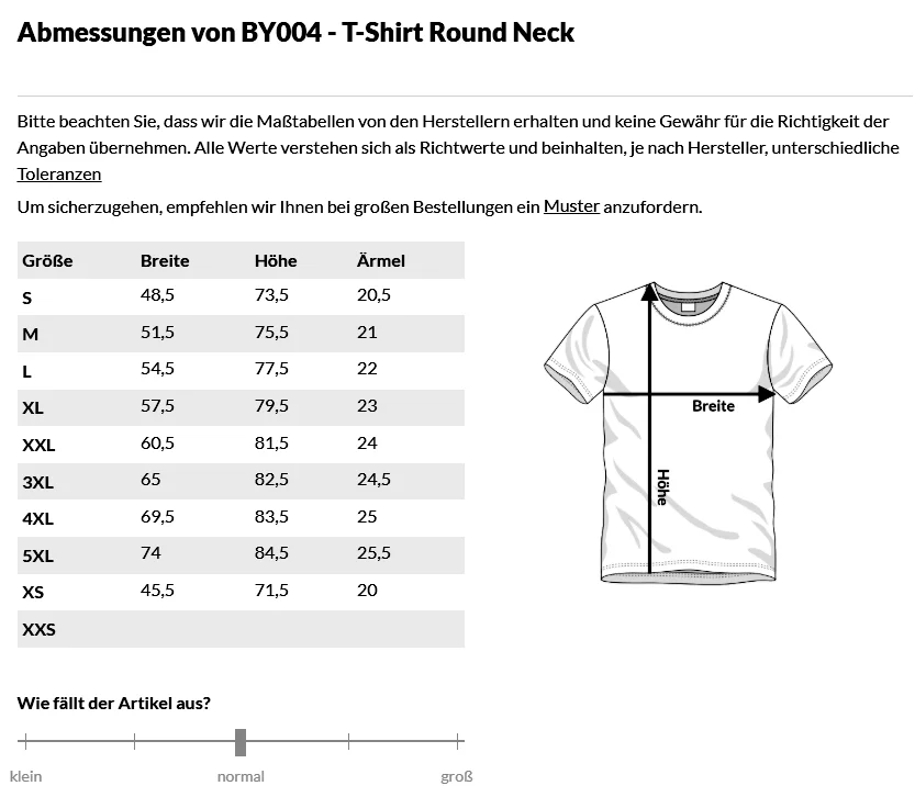 Größentabelle T-Shirt Round Neck