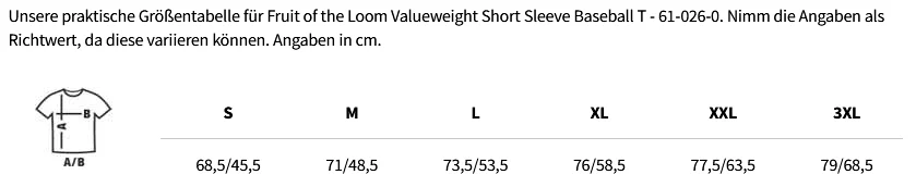 Größentabelle Valueweight Short Sleeve Baseball T