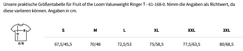 Größentabelle Fruit of the Loom Valueweight Ringer T - 61-168-0