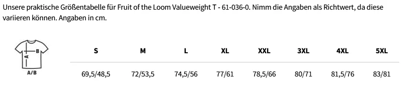 Größentabelle Fruit of the Loom Valueweight T