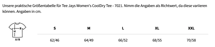 Größentabelle Tee Jays Women's CoolDry Tee - 7021
